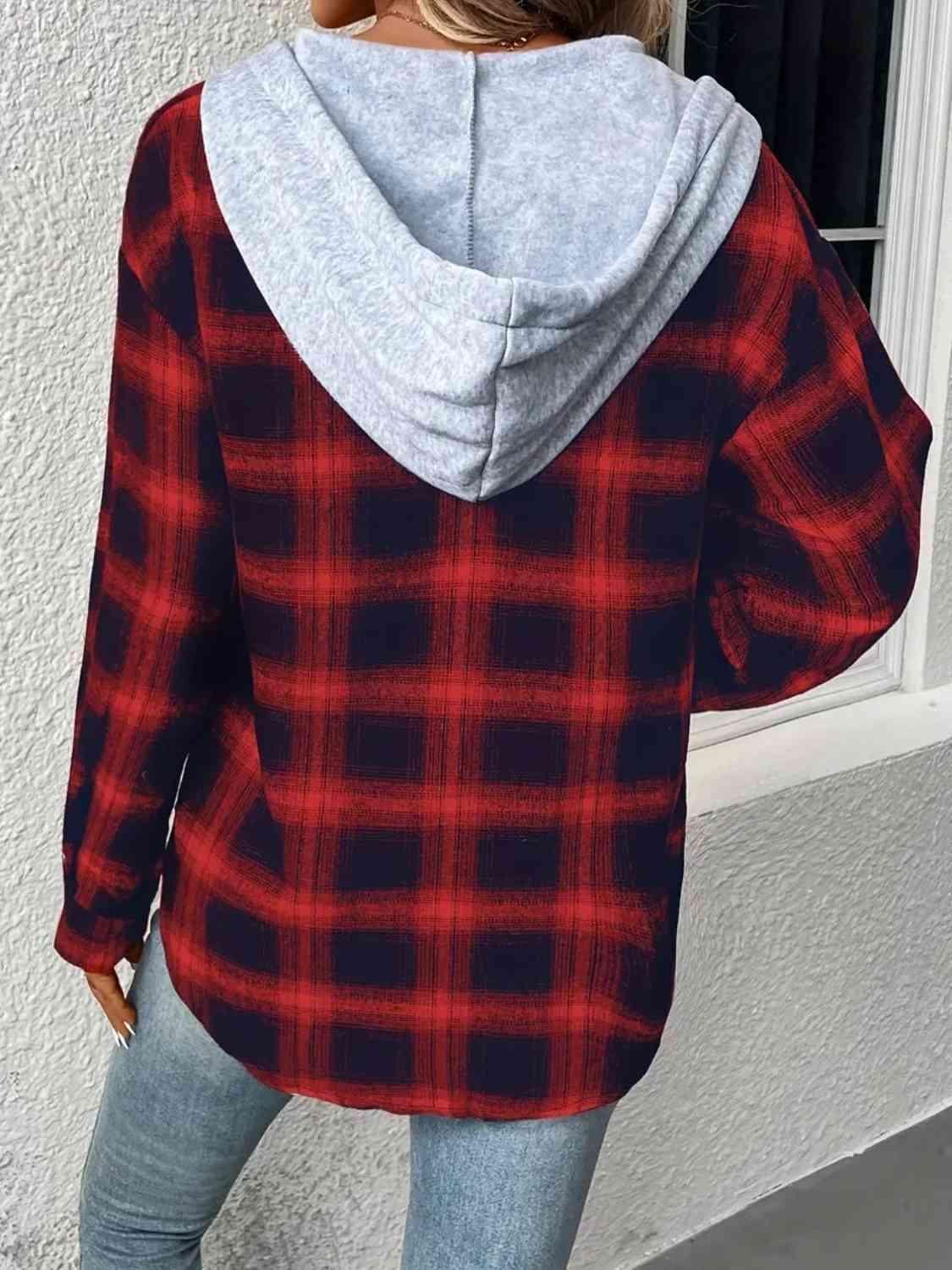 Plaid Drawstring Button Up Hooded Shacket - Jacket