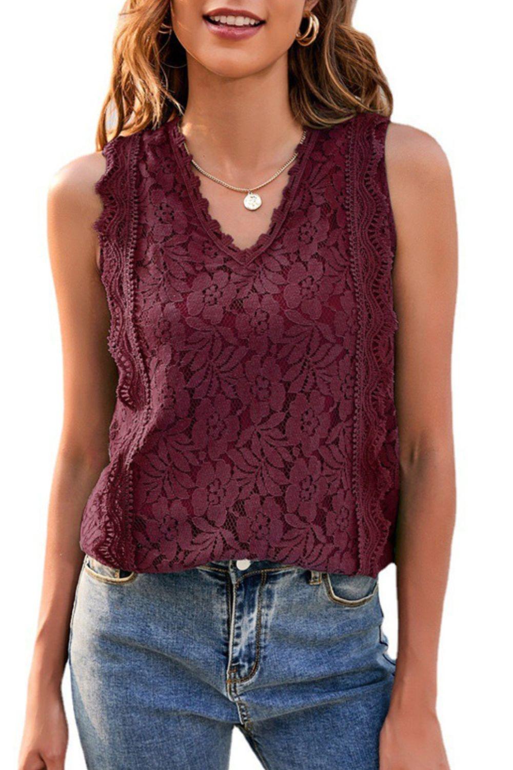 Lace V-Neck Lined Sleeveless Tank Top - Tank