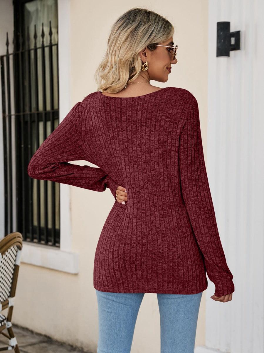 Square Neck Ribbed Long Sleeve Top - Top