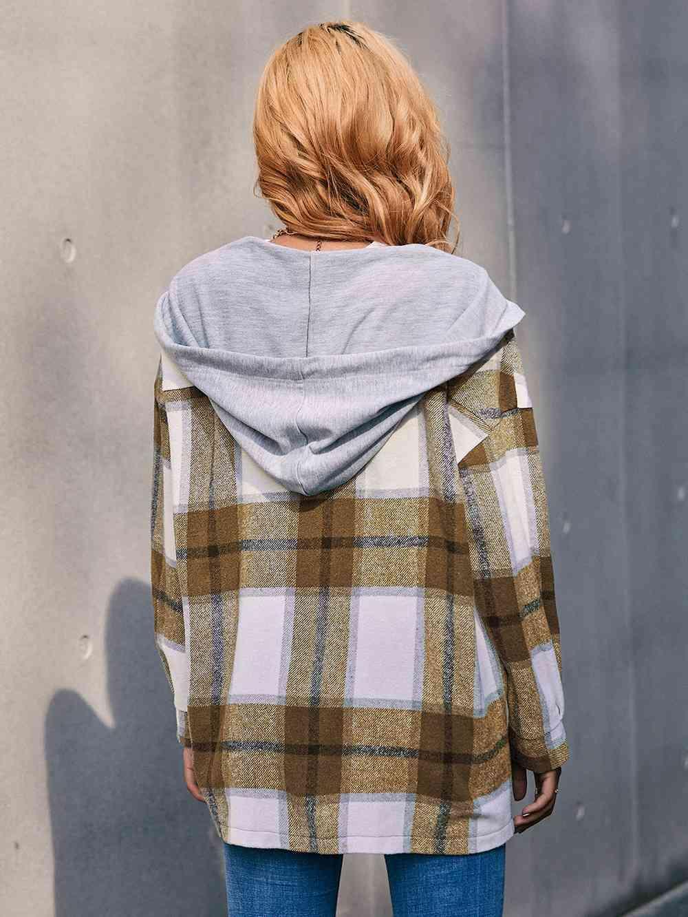 Plaid Dropped Shoulder Hooded Shacket - Jacket