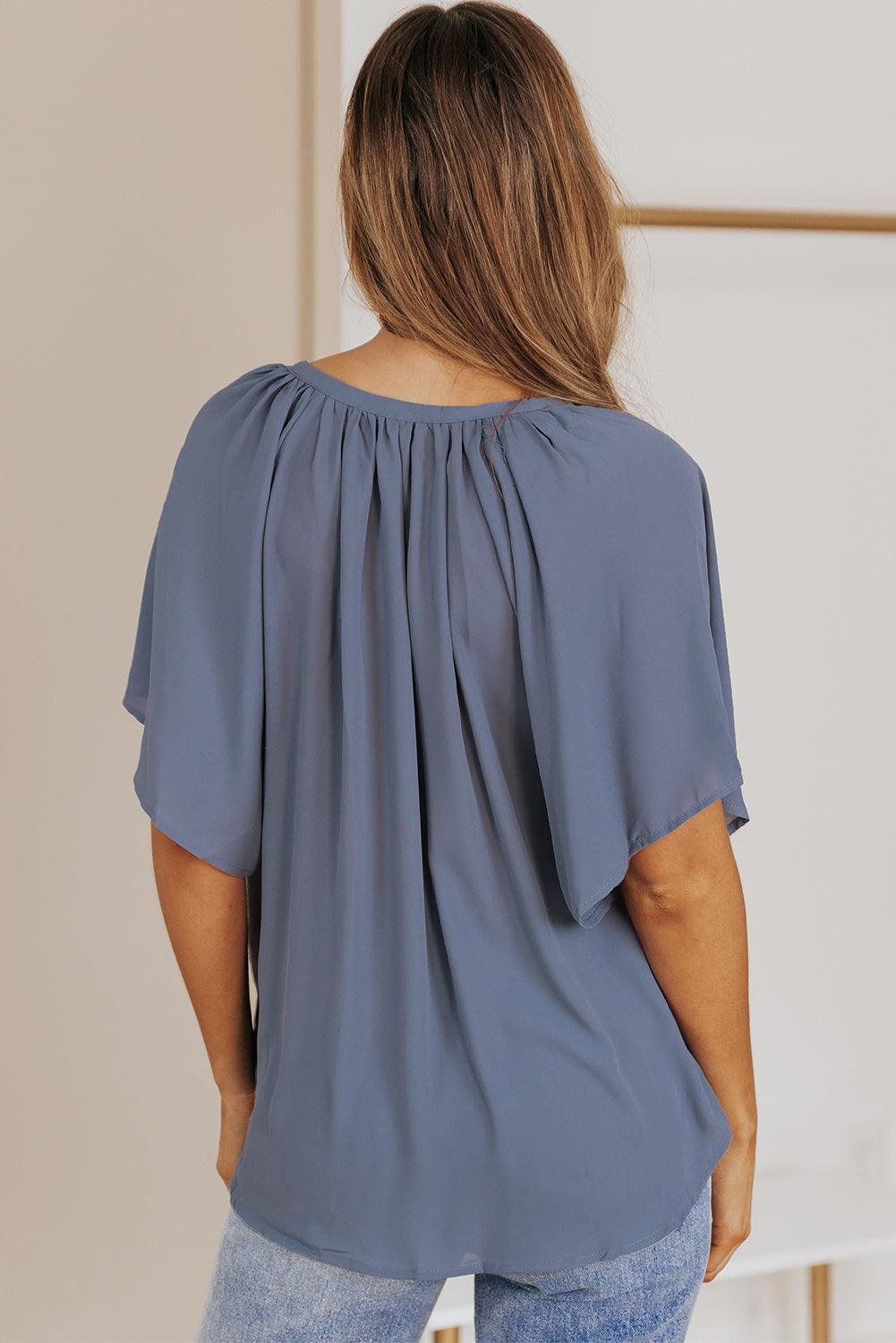 Gathered Detail Notched Neck Flutter Sleeve Blouse - Blouse