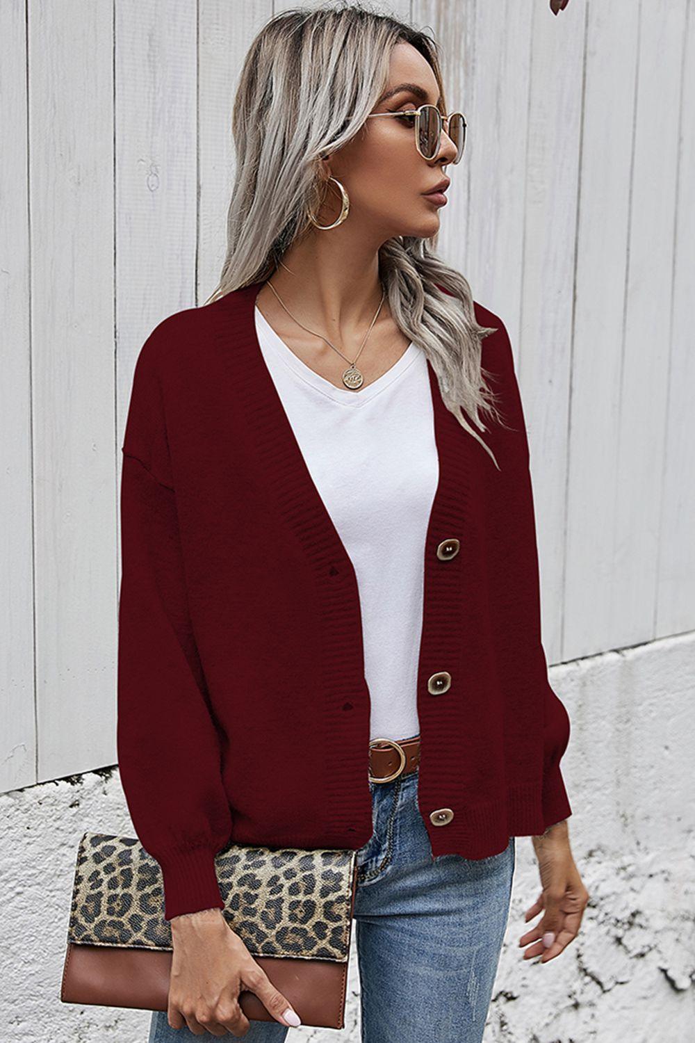 V-Neck Button-Down Dropped Shoulder Cardigan - Cardigan