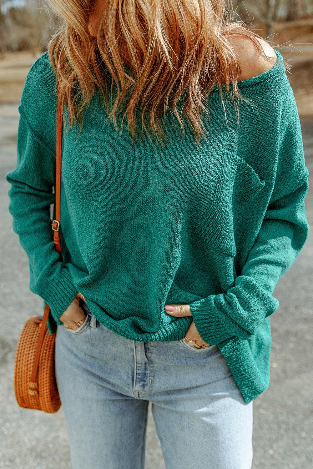 Dropped Shoulder Boat Neck Sweater with Pocket - Sweater