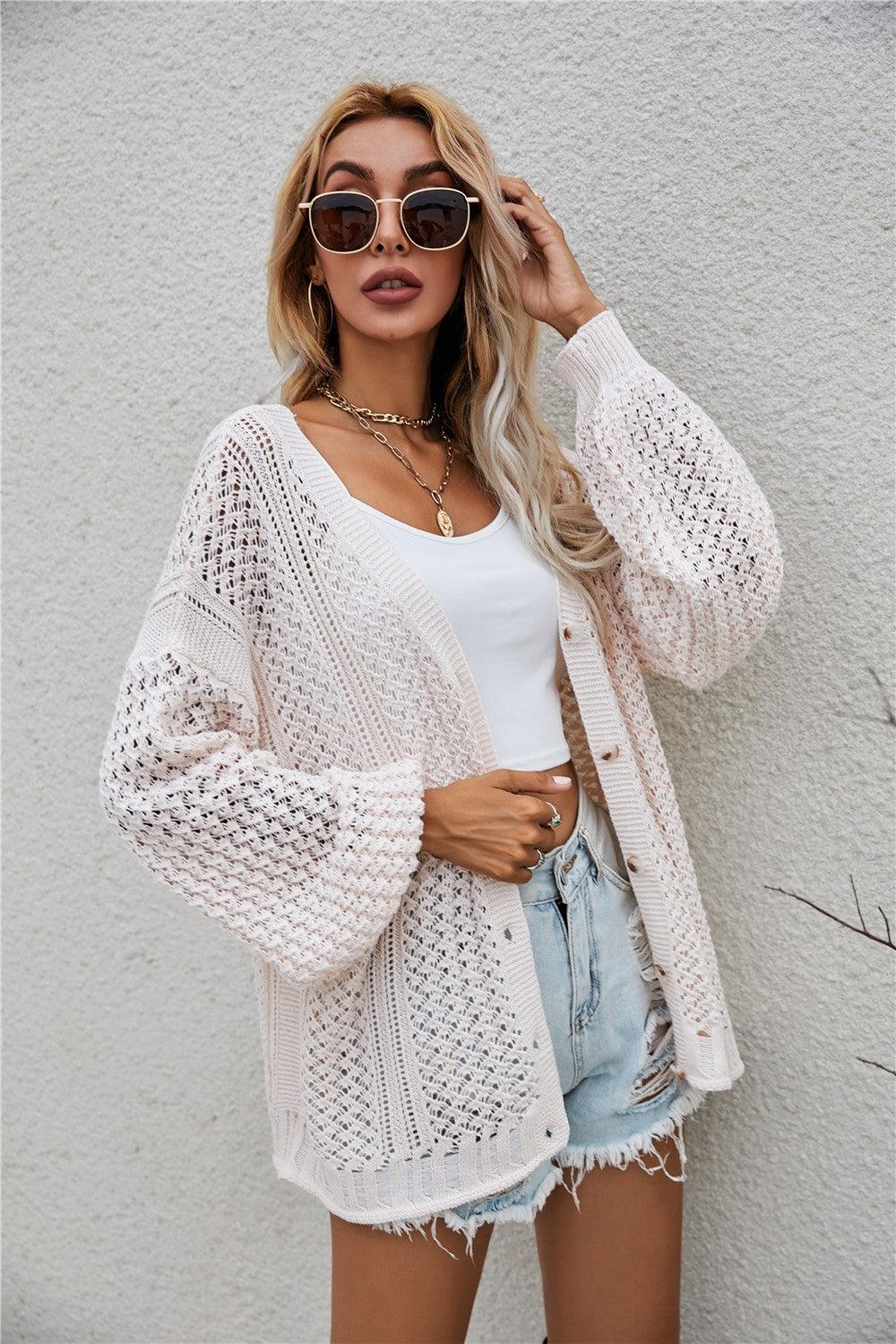 Openwork V-Neck Dropped Shoulder Cardigan - Cardigan