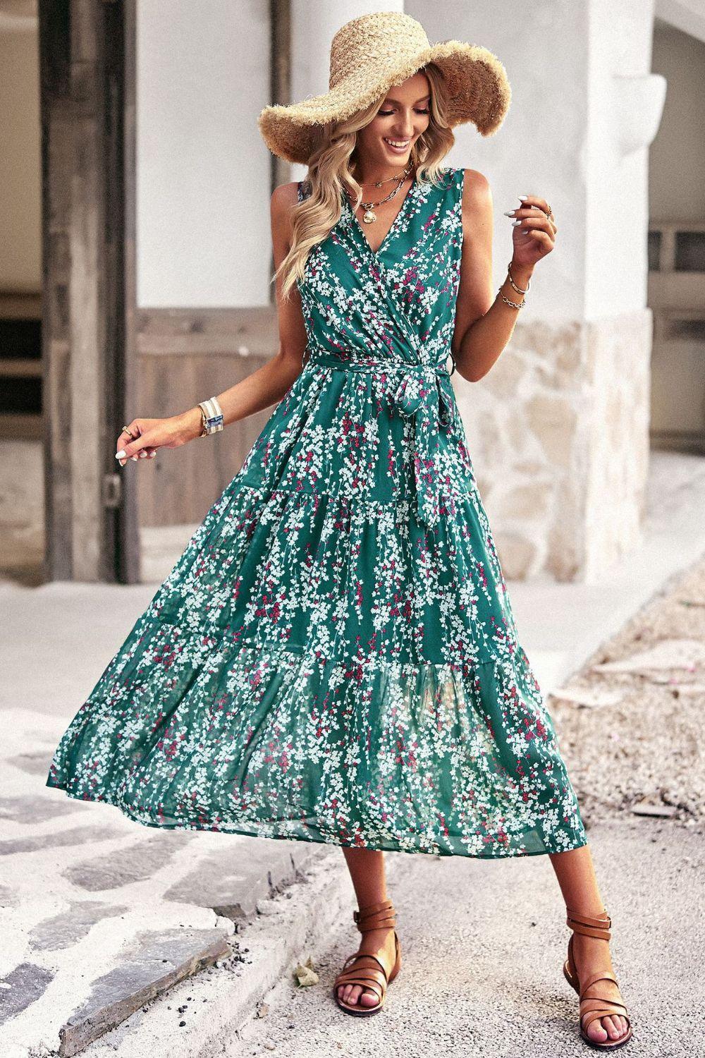 Floral Belted Surplice V-Neck Sleeveless Tiered Midi Dress - Dresses