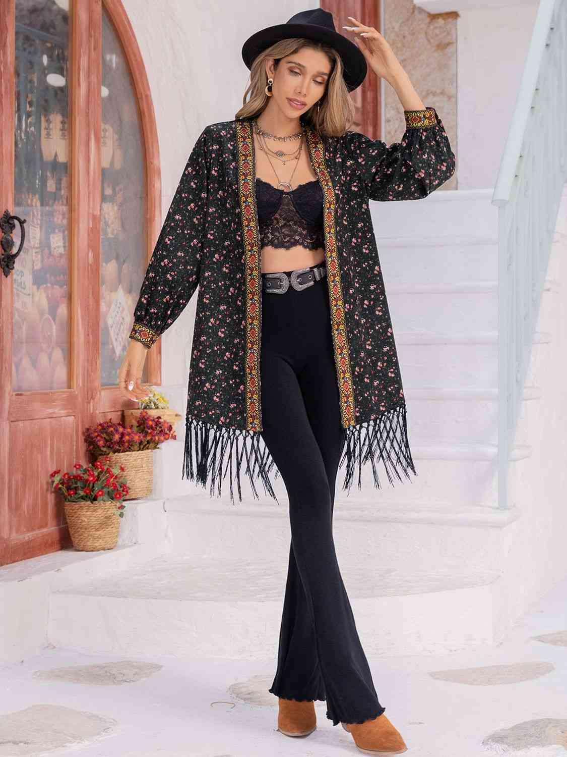 Printed Fringe Detail Cardigan - Cardigan