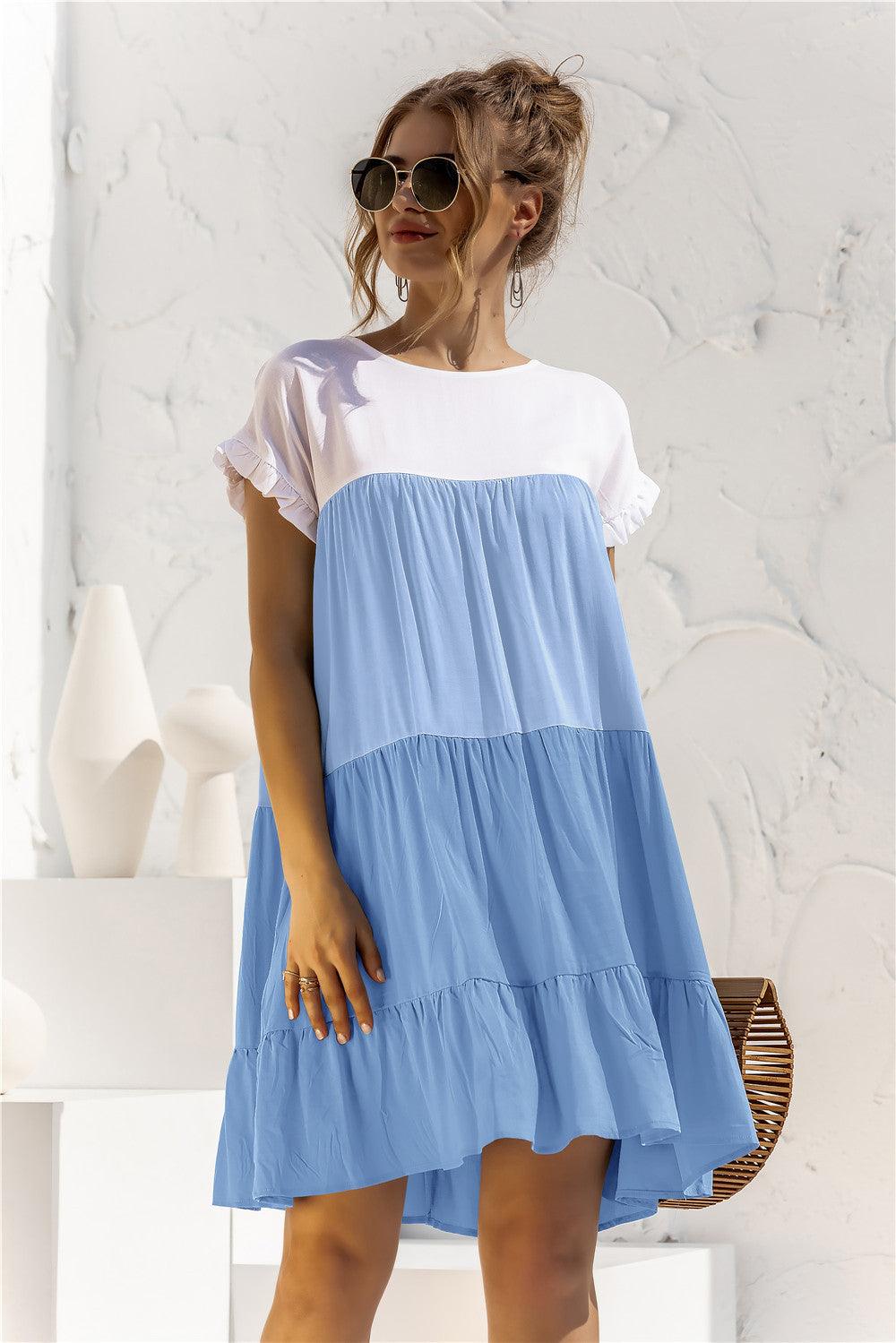 Color Block Round Neck Ruffle Hem Tiered Short Dress - Dresses