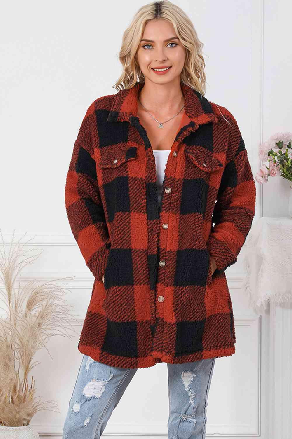 Plaid Button Down Sherpa Coat - Coat