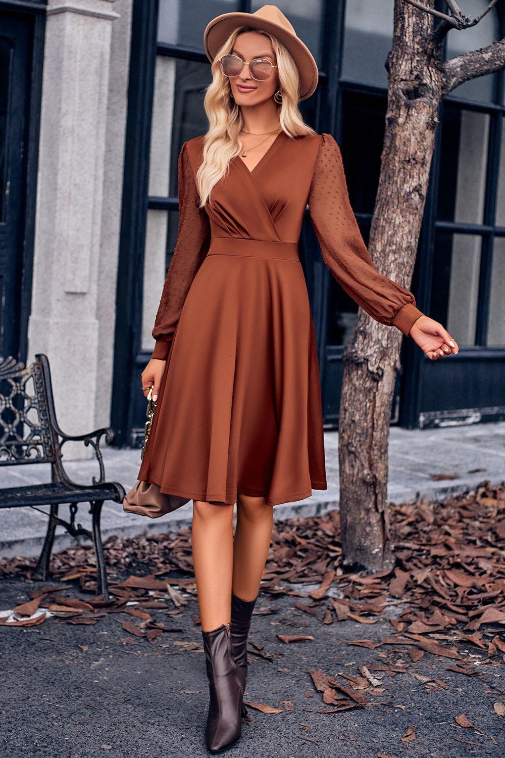 Surplice Neck Swiss Dot Long Sleeve Dress - Dresses