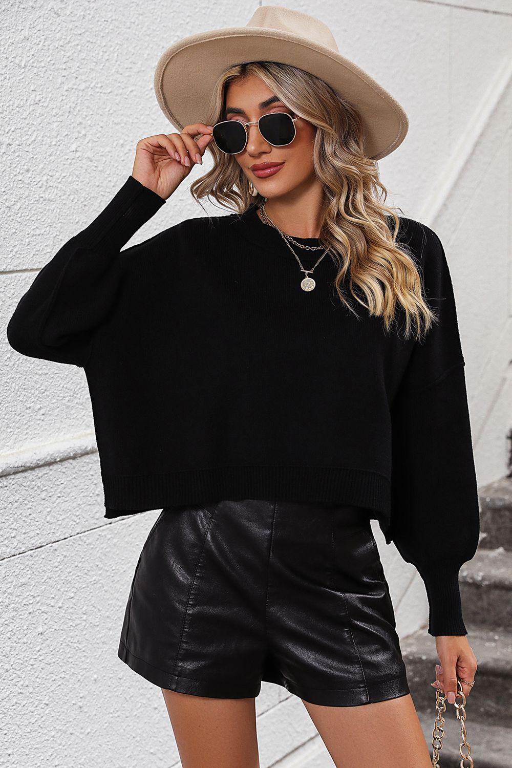 Round Neck Dropped Shoulder Pullover Cropped Sweater - Sweater