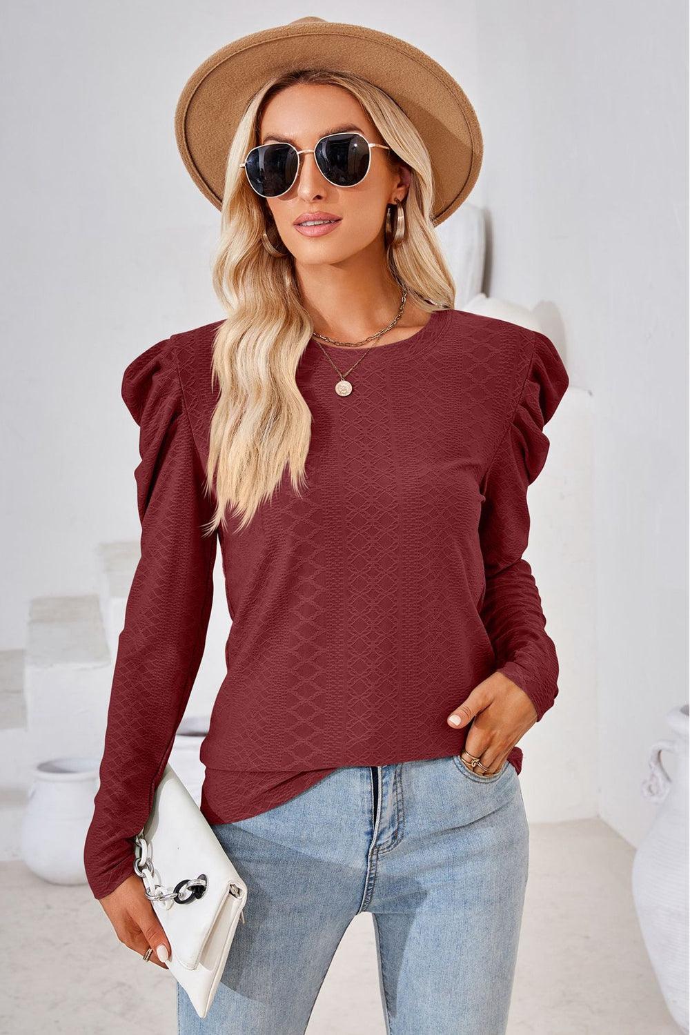 Round Neck Long Puff Sleeves Top - Top