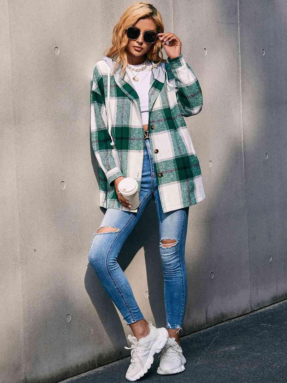 Plaid Dropped Shoulder Hooded Shacket - Jacket