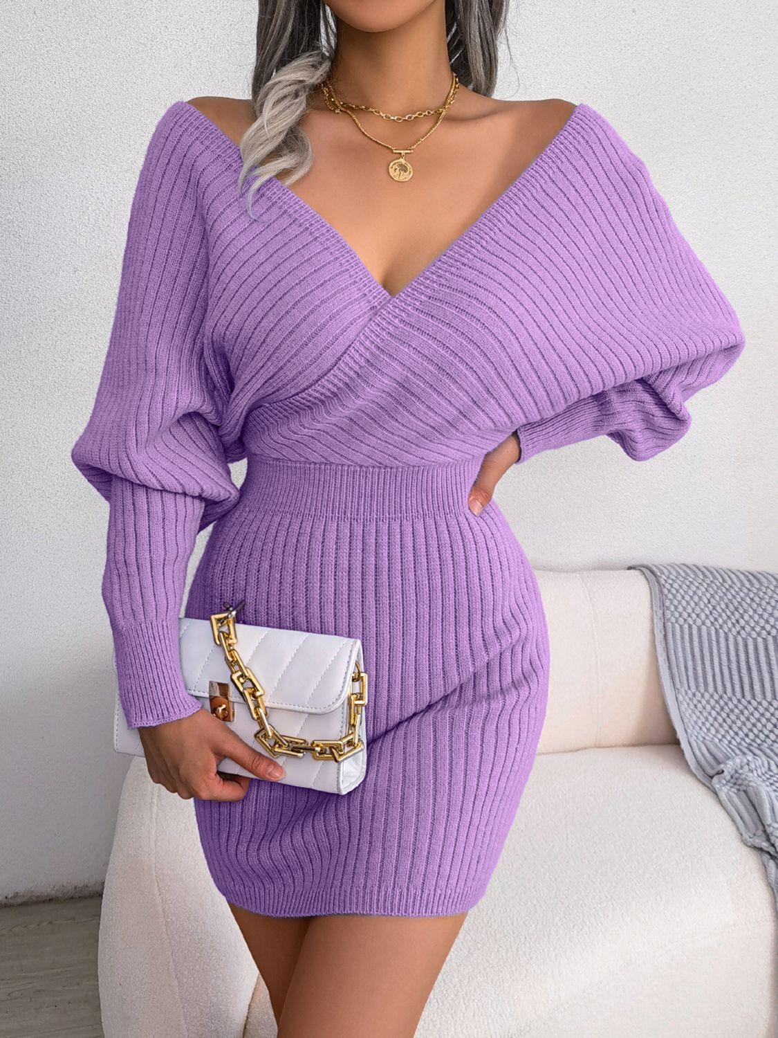 Rib-Knit Dolman Sleeve Sweater Dress - Dresses