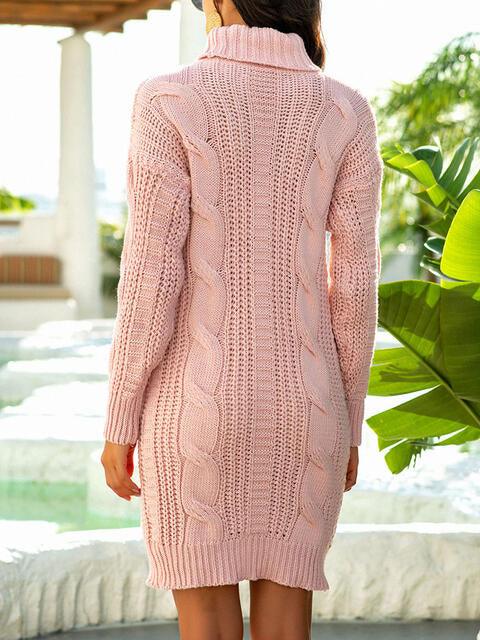 Cable-knit Turtleneck Sweater Dress - Dresses