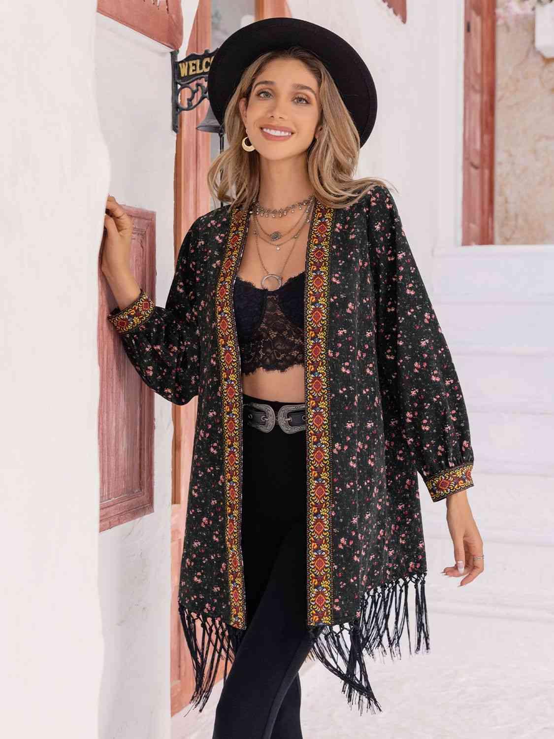 Printed Fringe Detail Cardigan - Cardigan