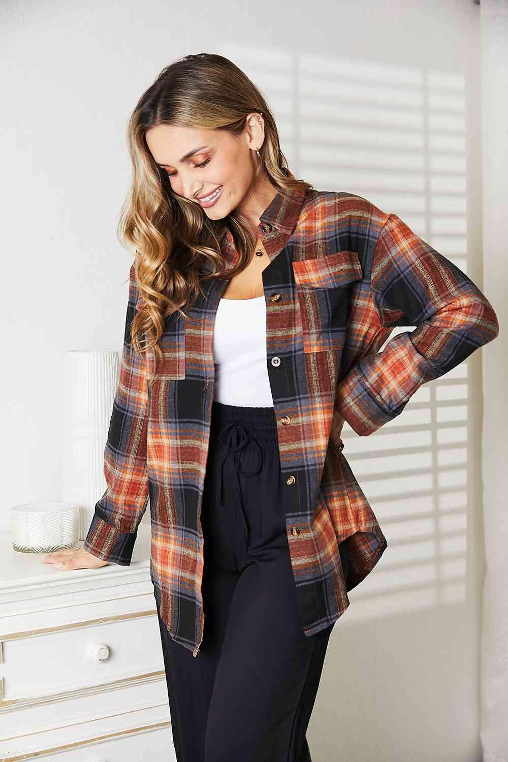 Double Take Plaid Dropped Shoulder Shacket - Shirt