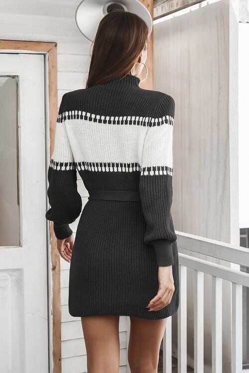 Contrast Tie Front Long Sleeve Sweater Dress - Dresses