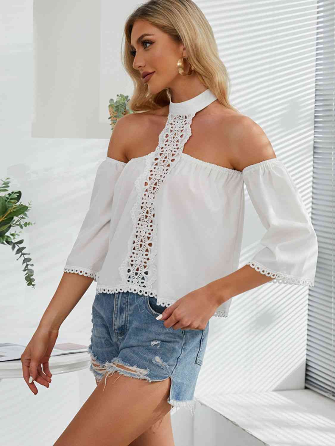 Crochet Halter Neck Cold-Shoulder Top