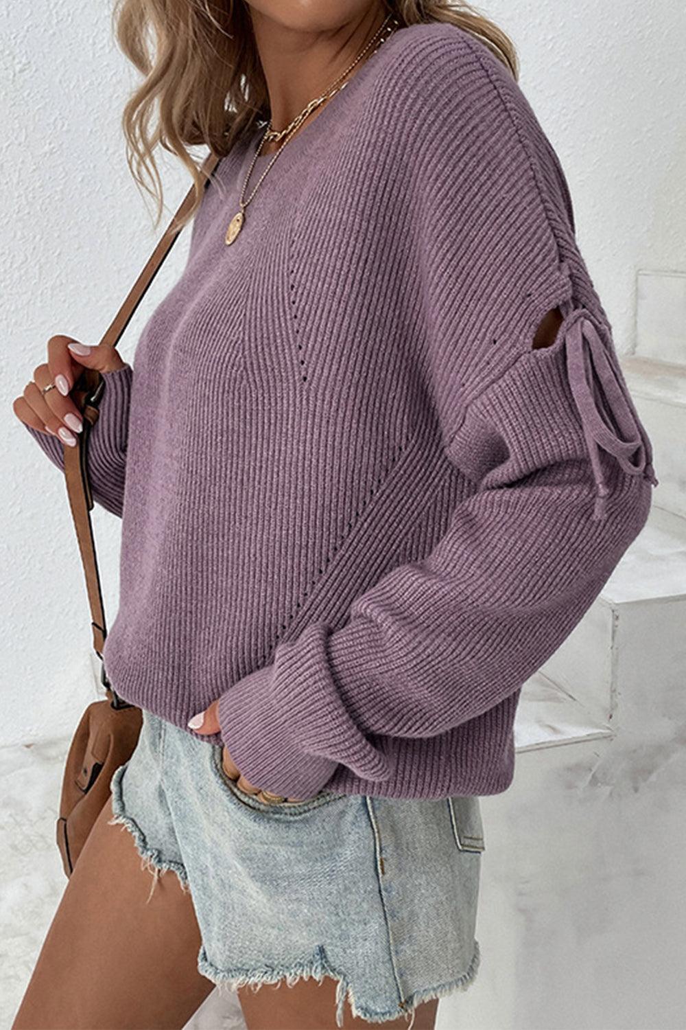 Round Neck Tied Sleeves Ribbed Sweater - Sweater