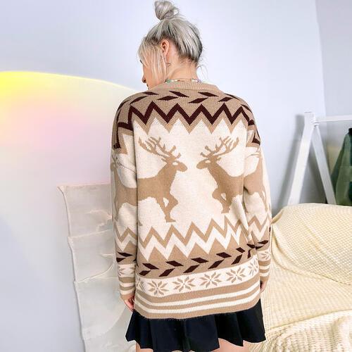 Christmas Fair Isle Round Neck Reindeer Sweater - Sweater