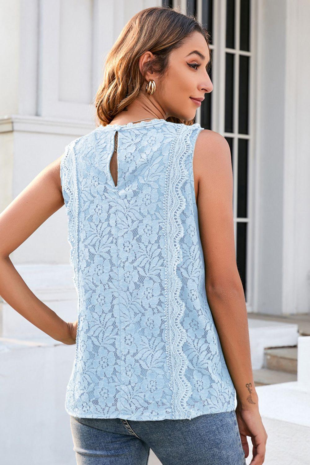 Lace V-Neck Lined Sleeveless Tank Top - Tank