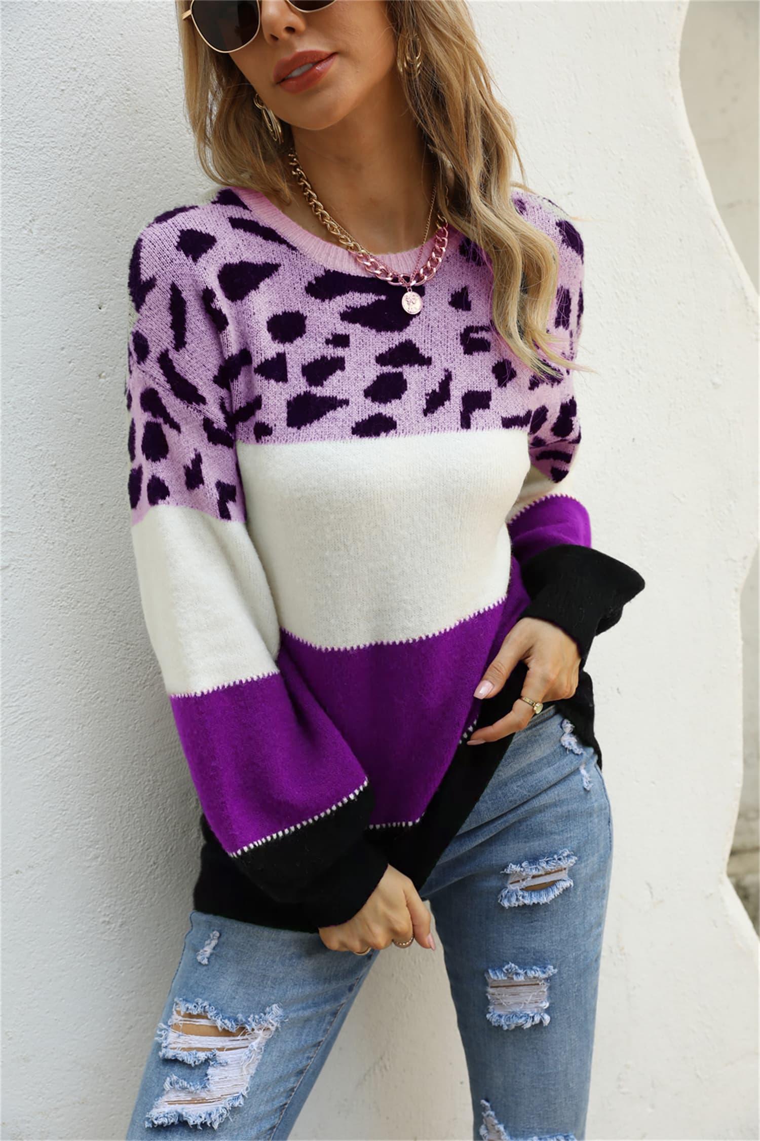 Color Block Leopard Round Neck Lantern Sleeve Sweater - Sweater