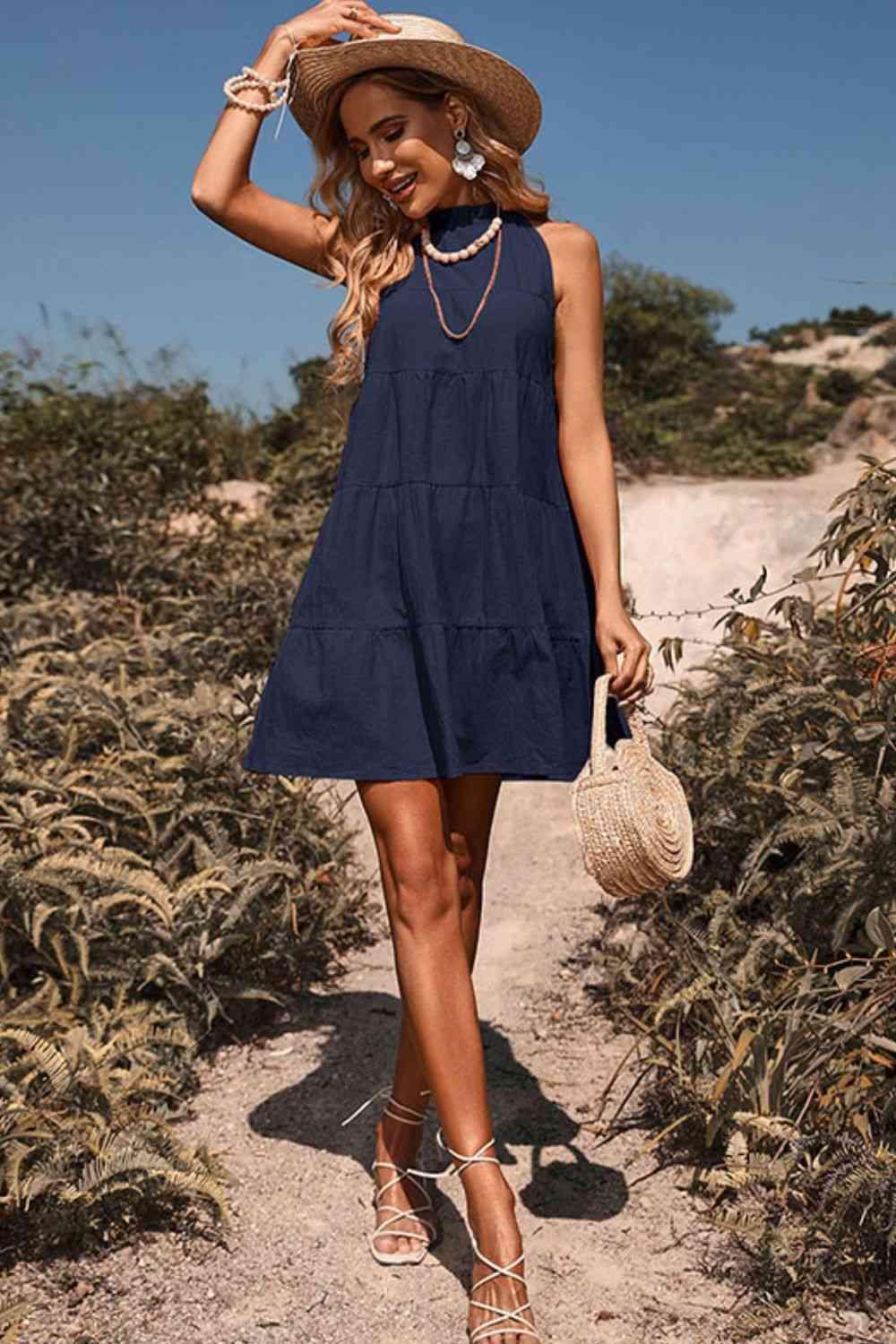 Tie Back Sleeveless Tiered Mini Dress - Dresses