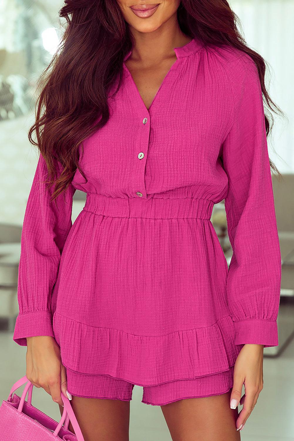 Ruffle Buttoned Notched Neck Long Sleeve Romper - Romper