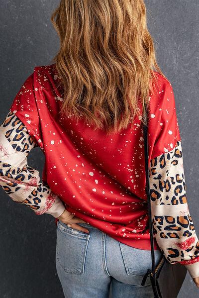 Heart Leopard Round Neck Sweatshirt - Sweatshirt