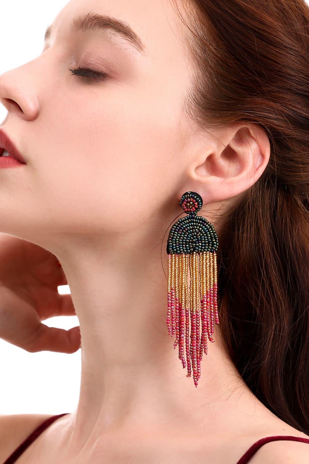 Beaded Fringe Dangle Earrings - Earring