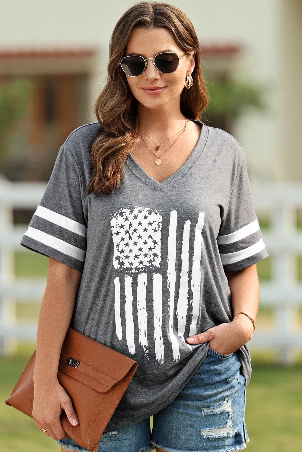 Plus Size US Flag Graphic V-Neck Top - Top