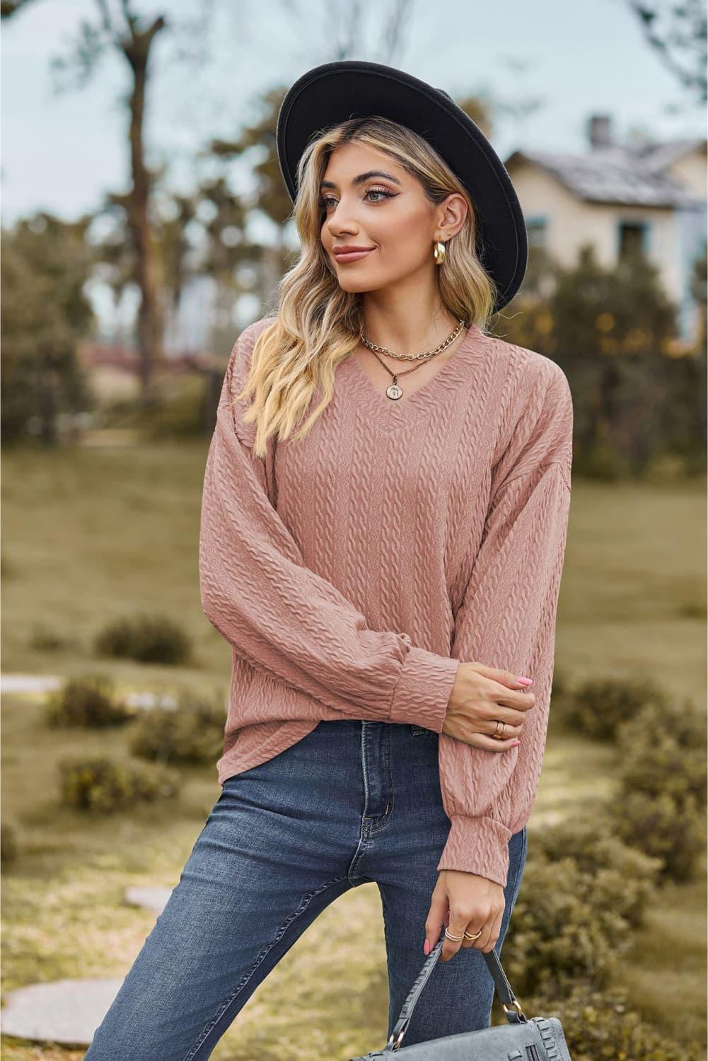 V-Neck Dropped Shoulder Long Sleeves Top - Top