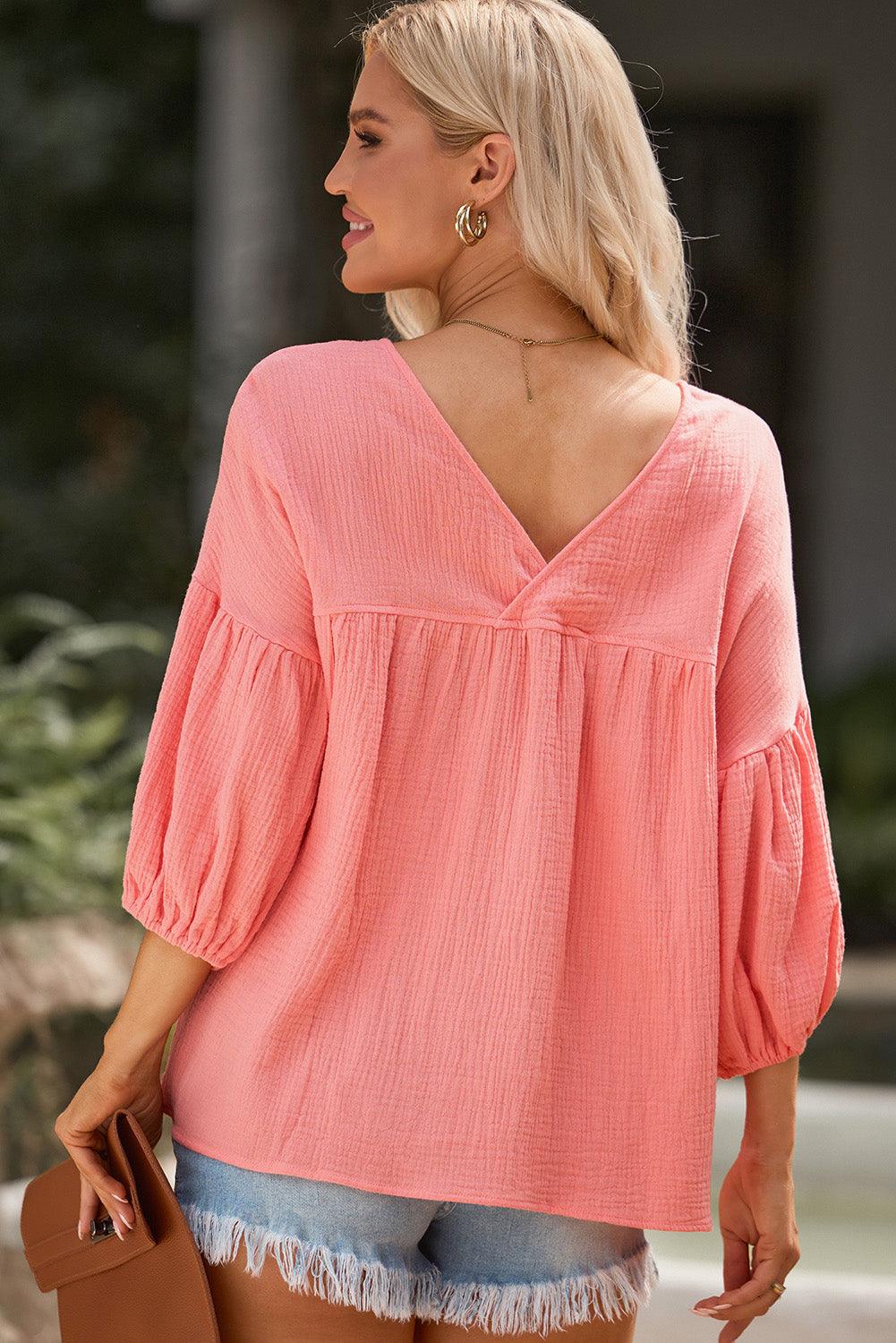 Dropped Shoulder V-Neck Long Peasant Sleeves Blouse - Blouse