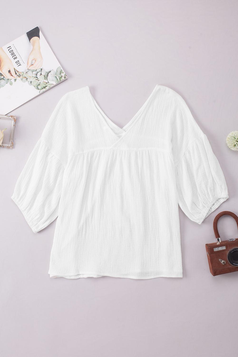 Dropped Shoulder V-Neck Long Peasant Sleeves Blouse - Blouse