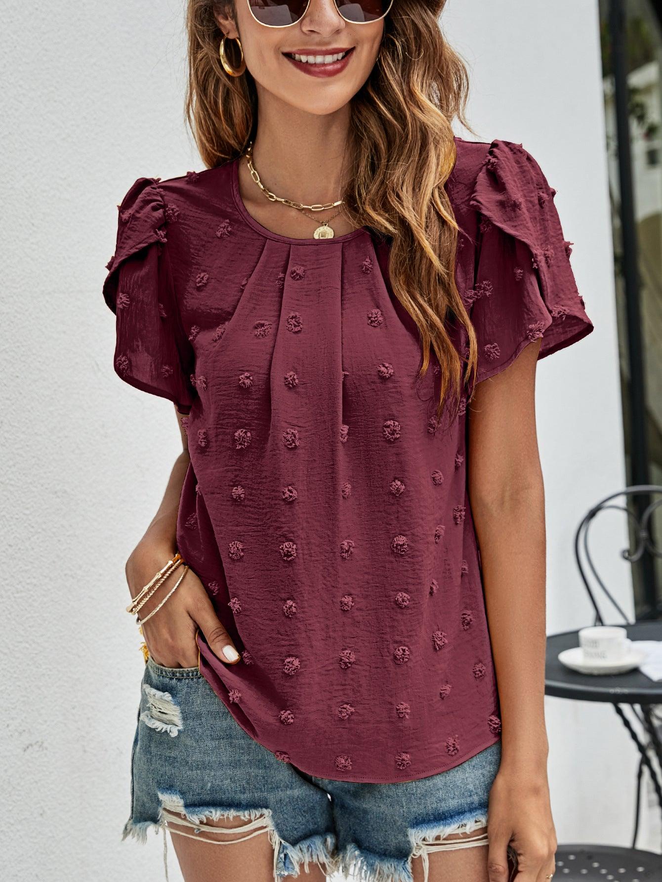 Swiss Dot Round Neck Petal Sleeve Top - Top