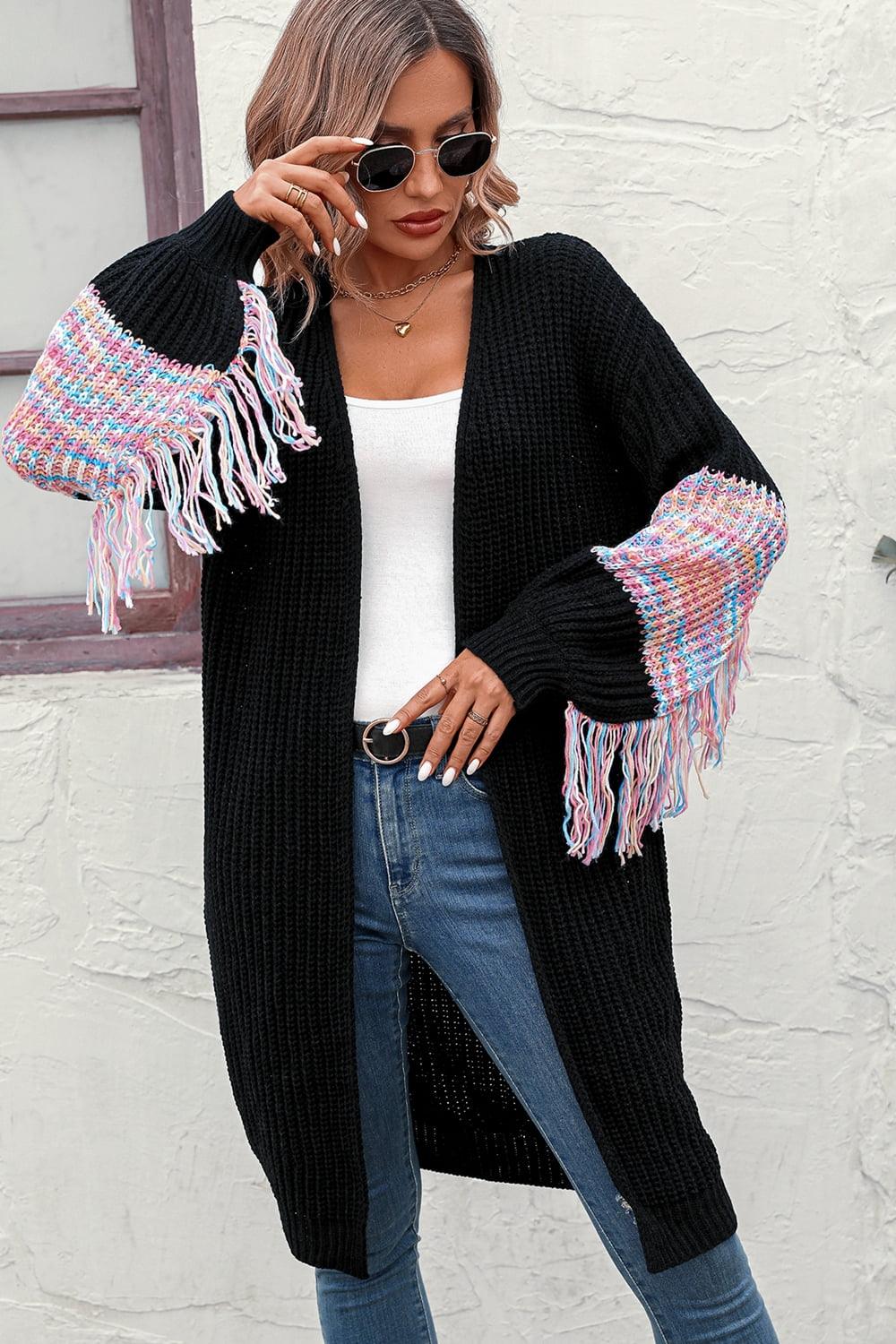 Fringe Sleeve Open Front Openwork Cardigan - Cardigan