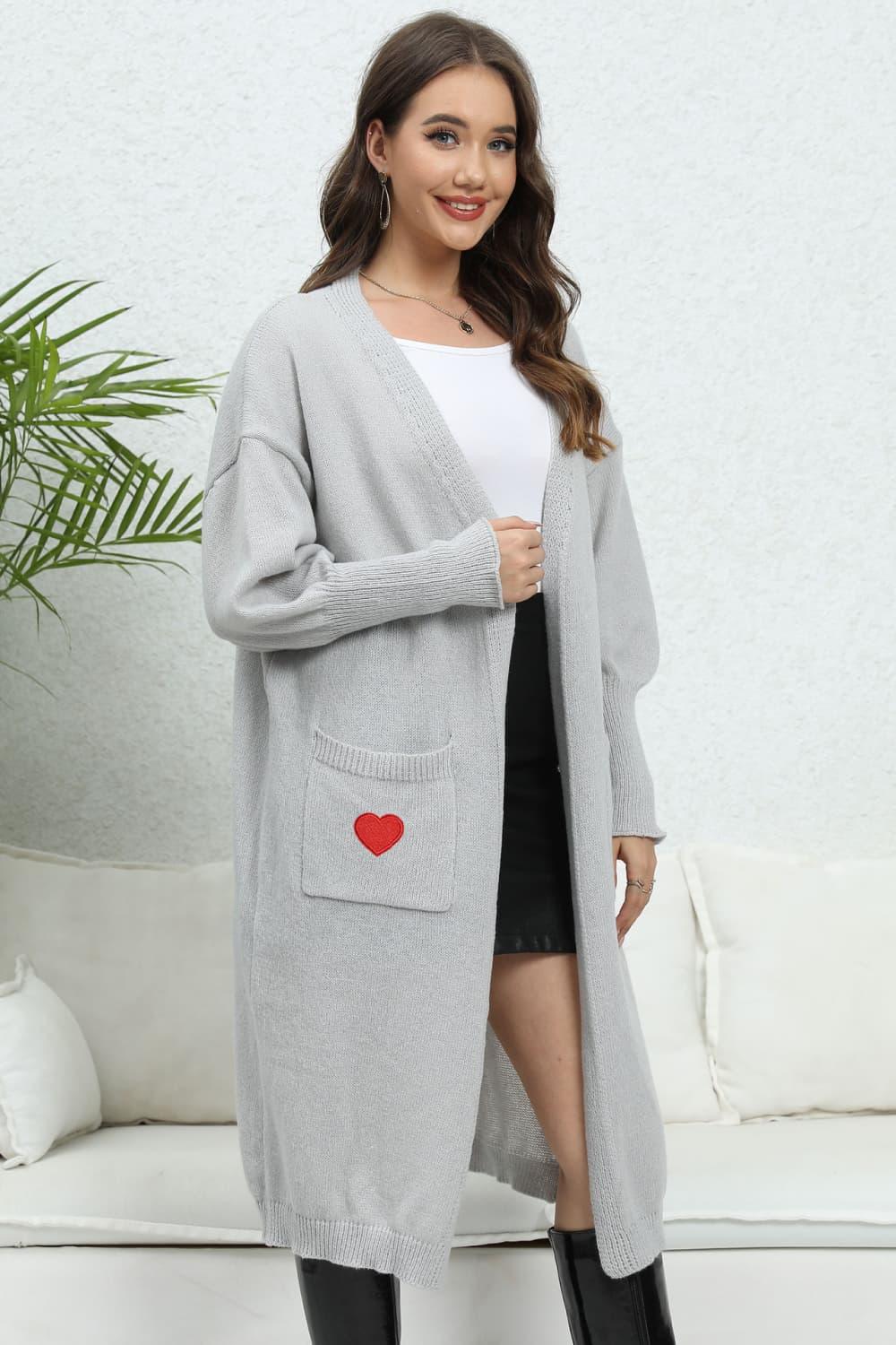 Lantern Sleeve Open Front Pocketed Cardigan - Cardigan