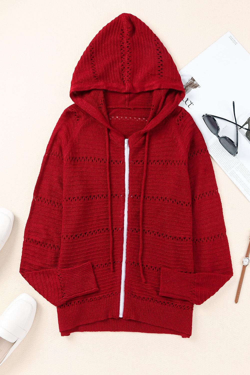 Color Block Zip-Up Openwork Hooded Cardigan - Cardigan