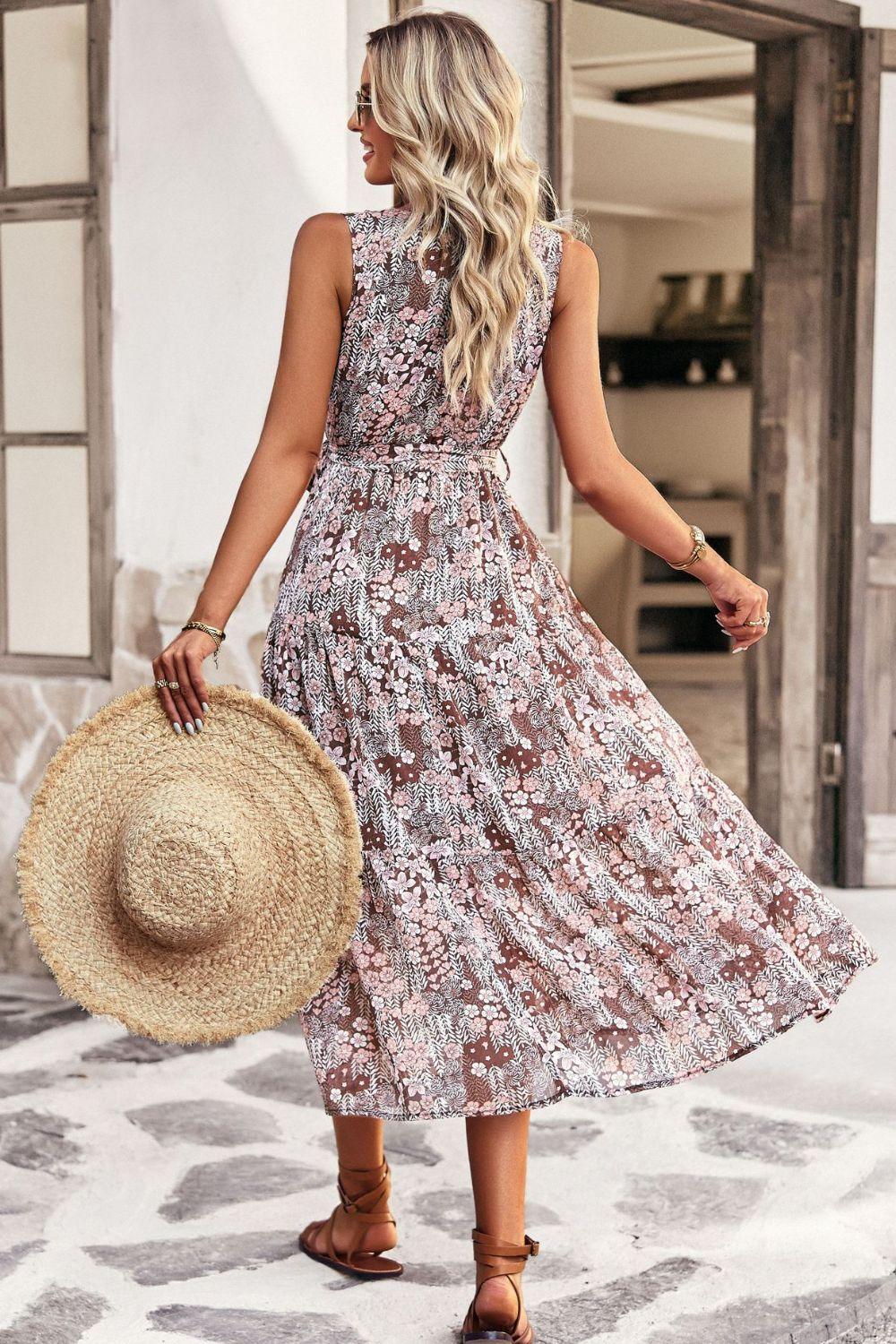 Floral Belted Surplice V-Neck Sleeveless Tiered Midi Dress - Dresses