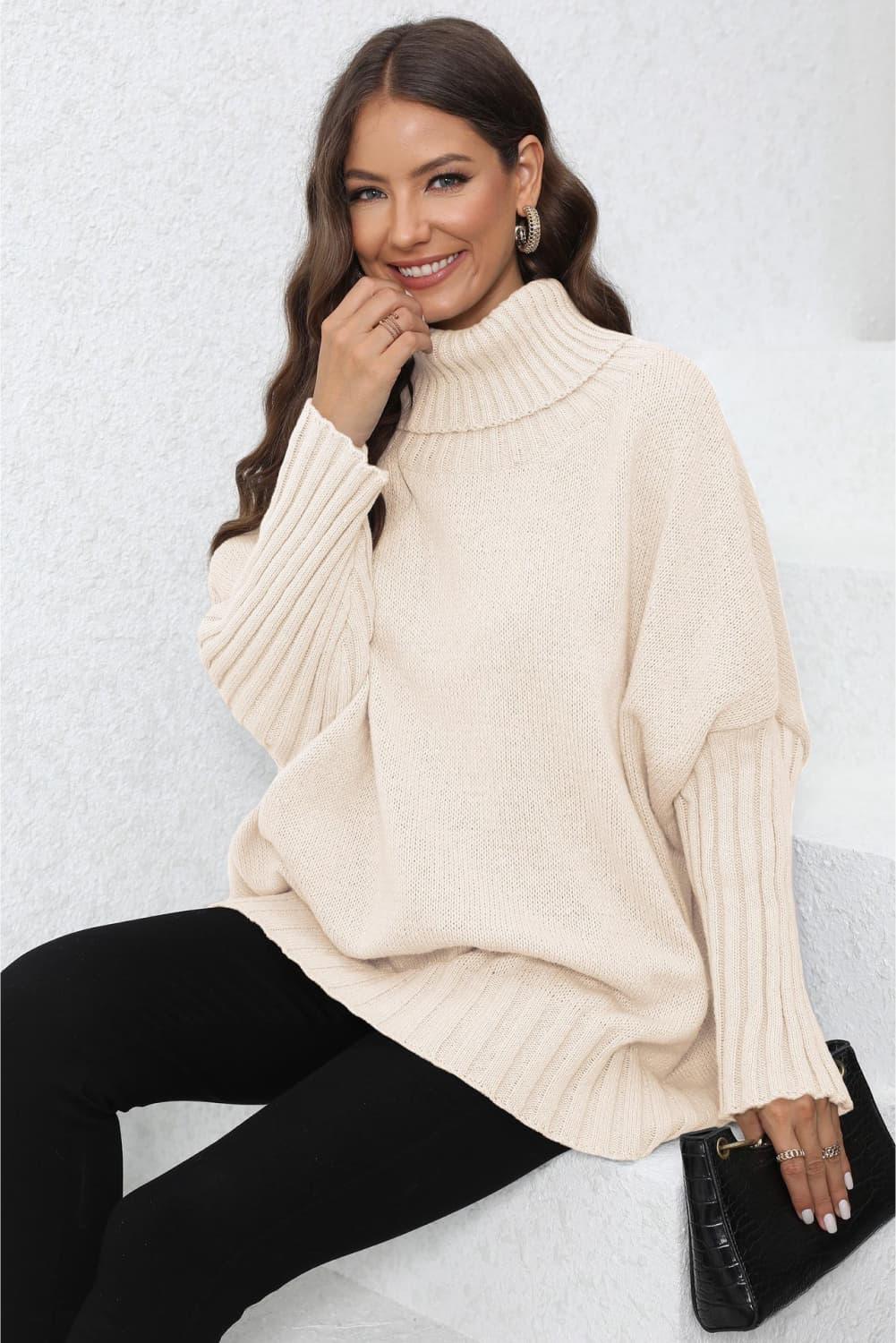 Turtle Neck Long Sleeve Ribbed Sweater - Sweater