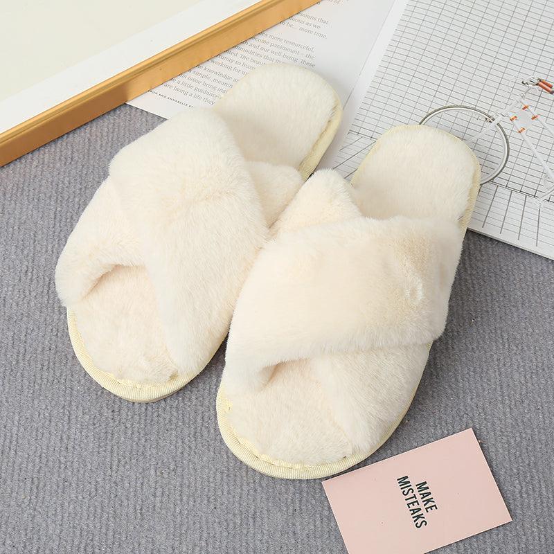 Faux Fur Crisscross Strap Slippers - Slippers