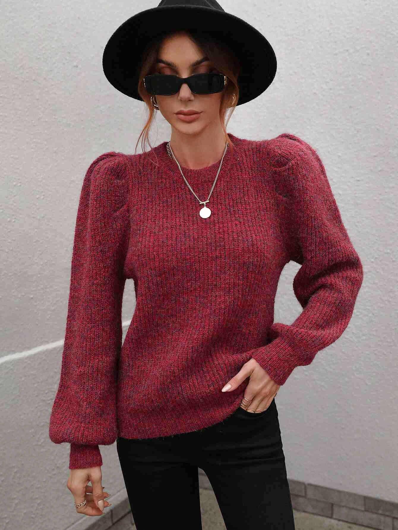 Woven Right Long Puff Sleeve Rib-Knit Sweater - Sweater