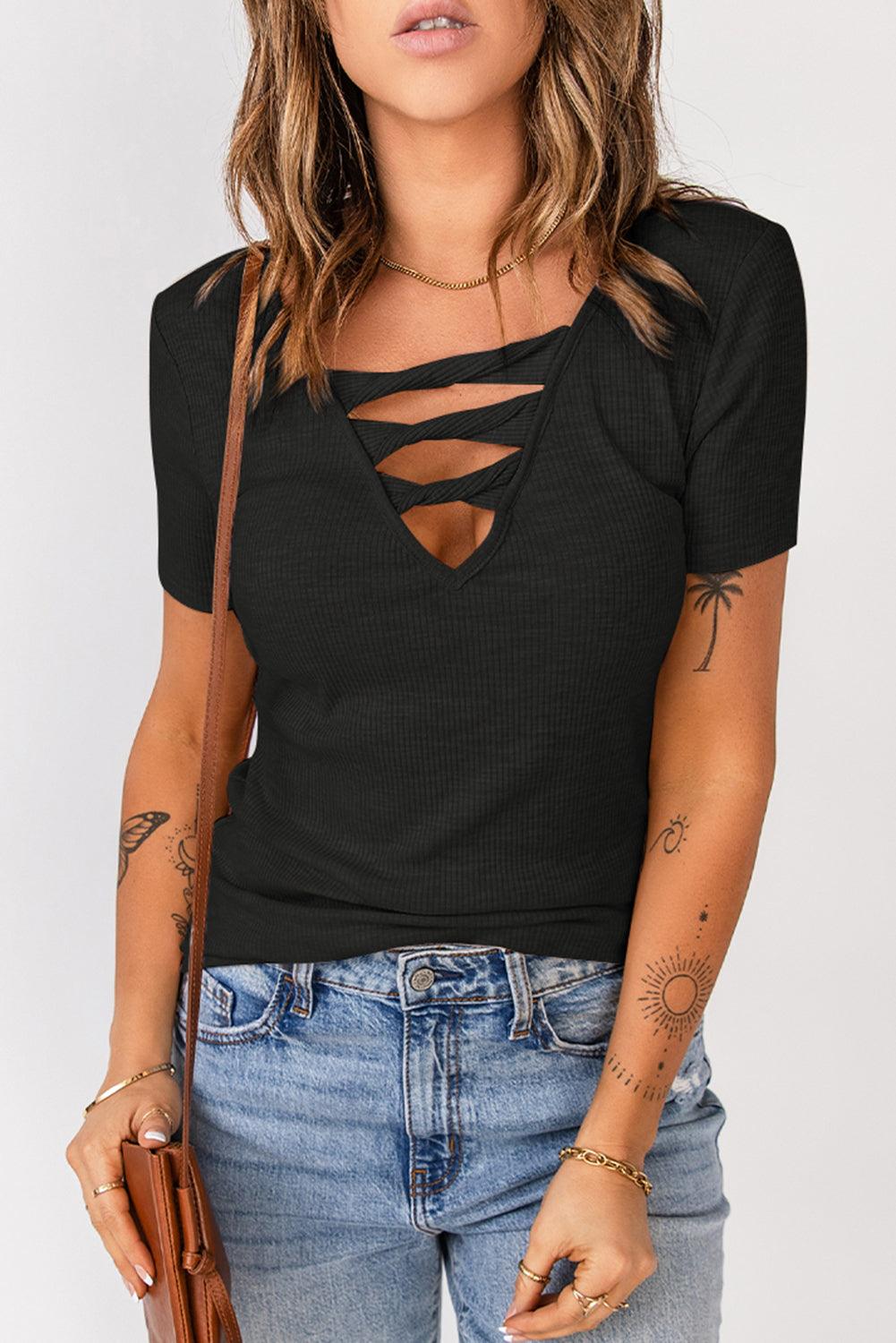 Strappy Ribbed Knit V Neck Top - Top