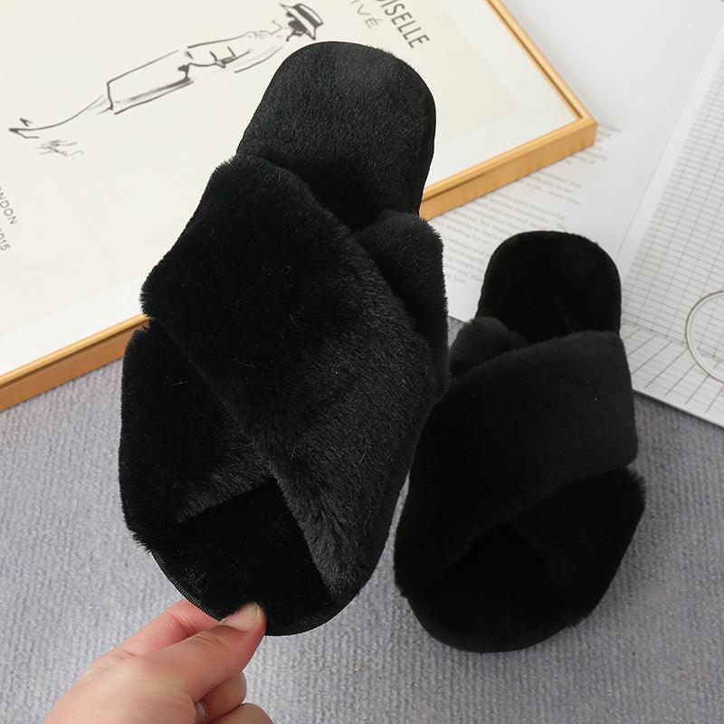 Faux Fur Crisscross Strap Slippers - Slippers