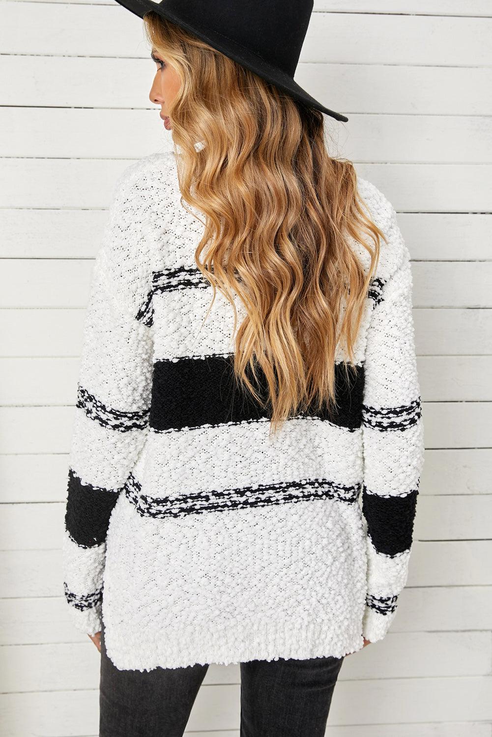 Striped V-Neck Popcorn Knit Sweater - Sweater