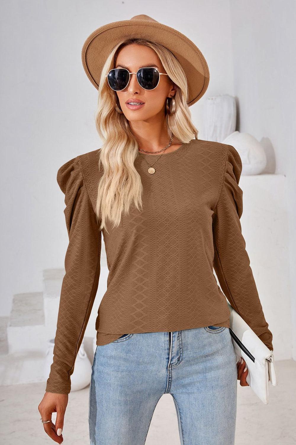 Round Neck Long Puff Sleeves Top - Top