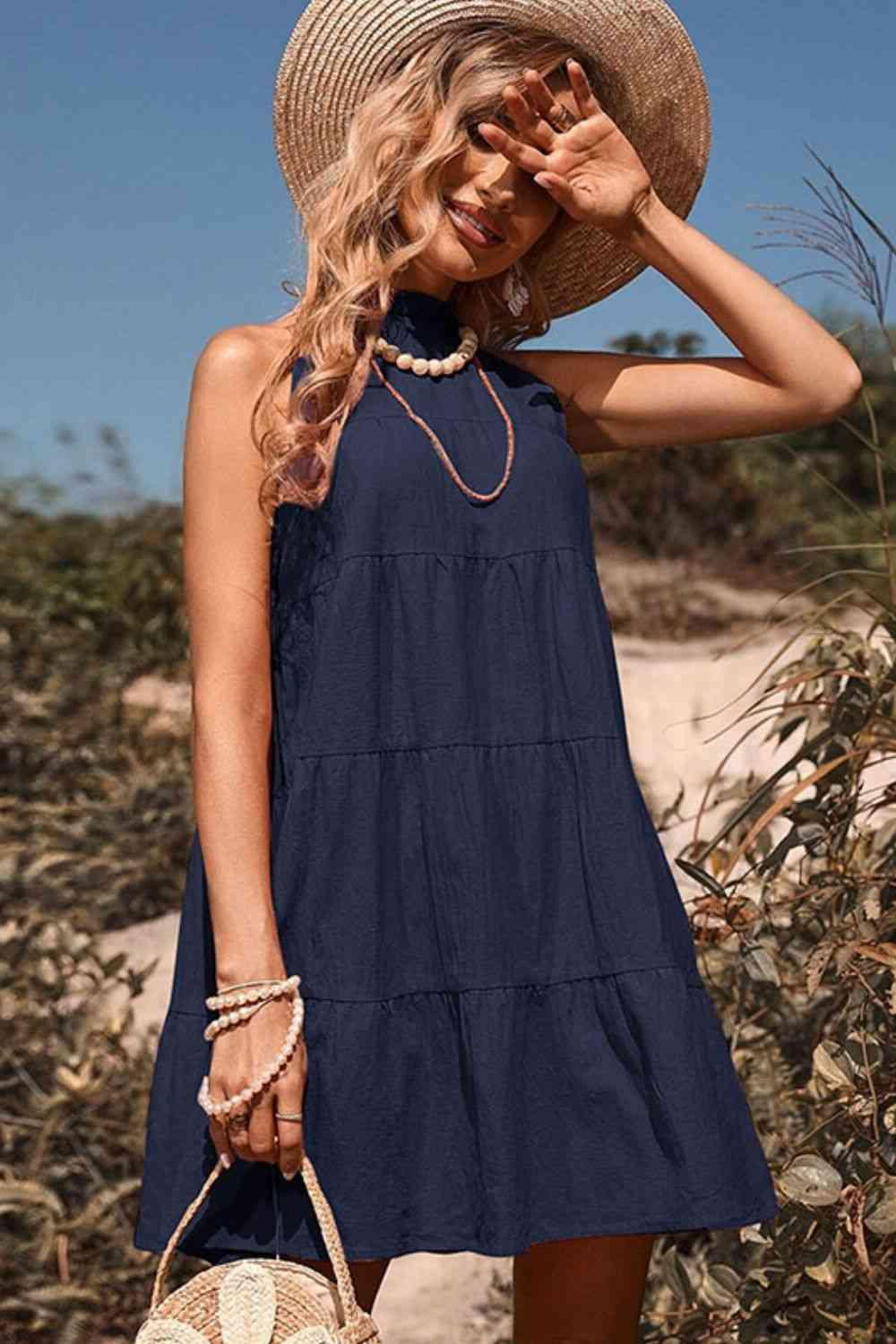 Tie Back Sleeveless Tiered Mini Dress - Dresses