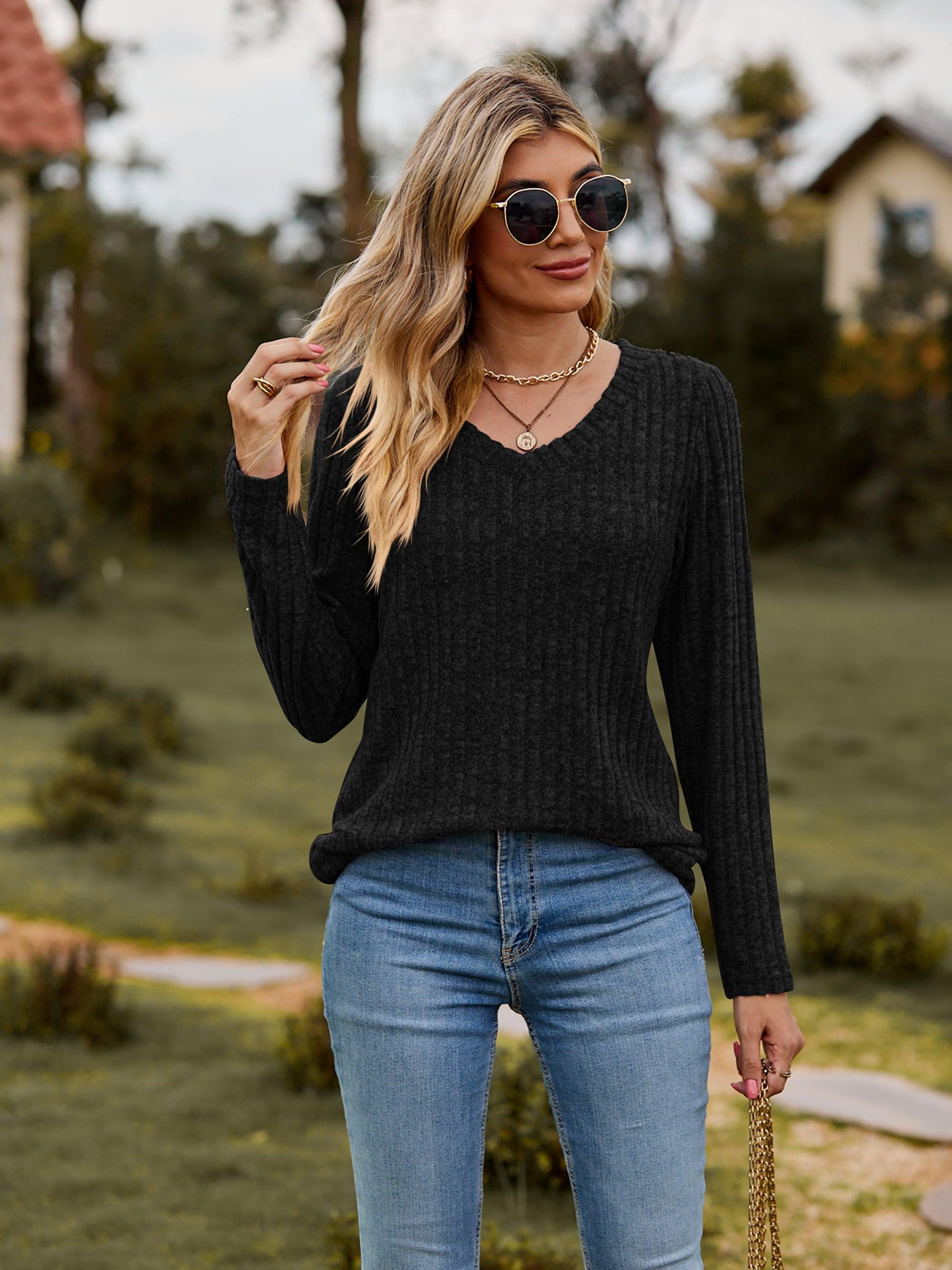 Ribbed V-Neck Long Sleeve Top - Top