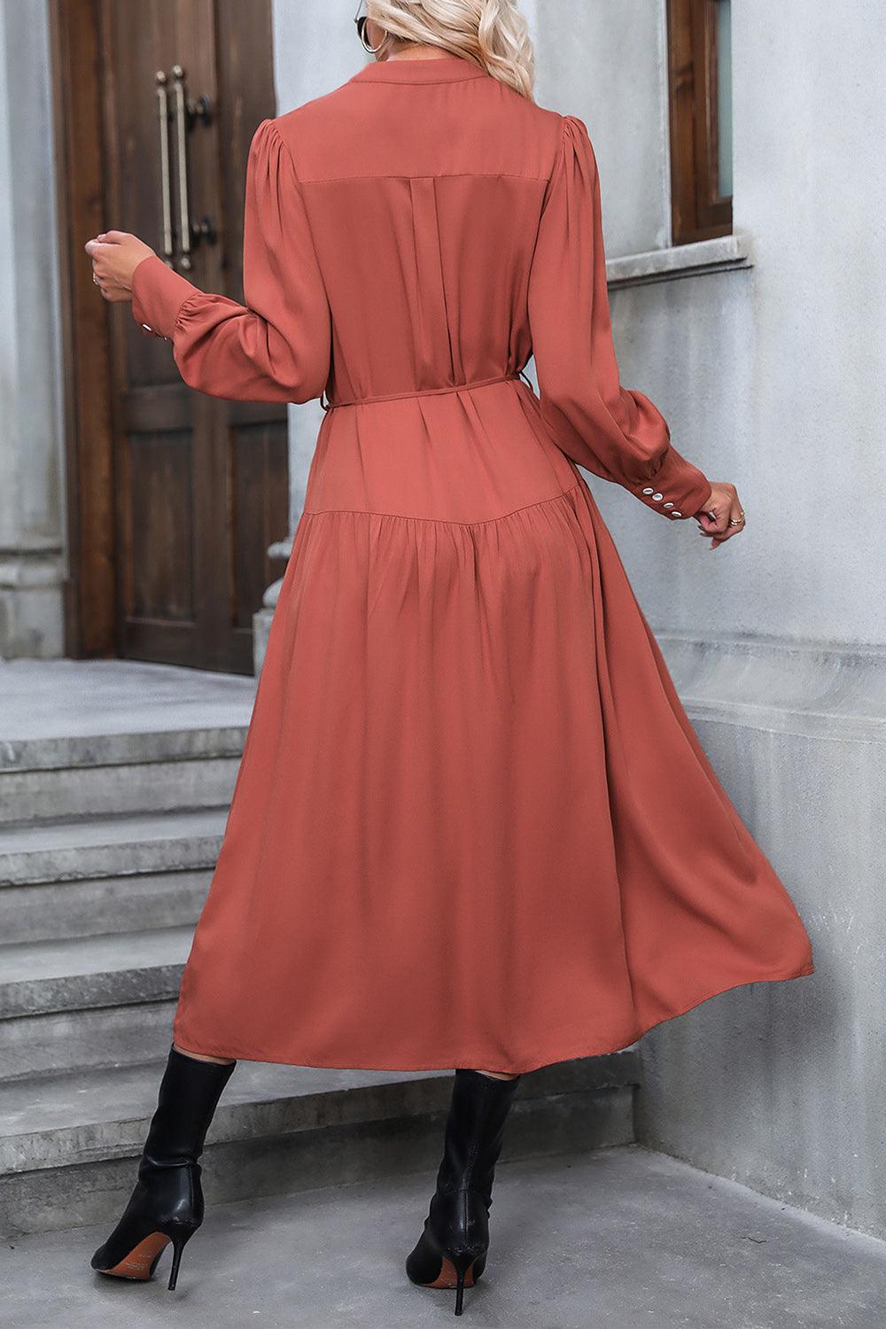 Button Down Notched Neck Midi Dress - Dresses