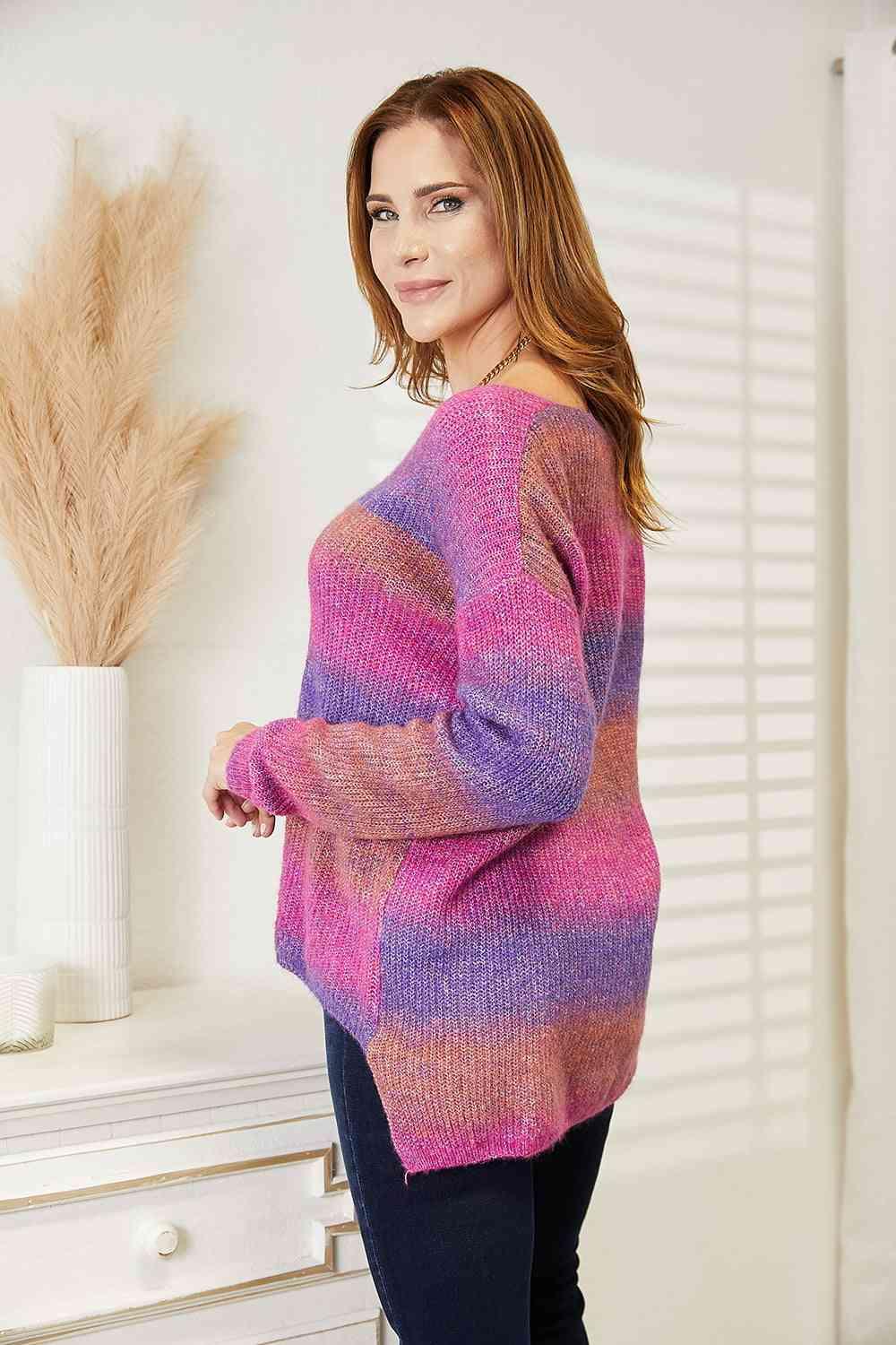 Multicolored Rib-Knit V-Neck Knit Top - Top